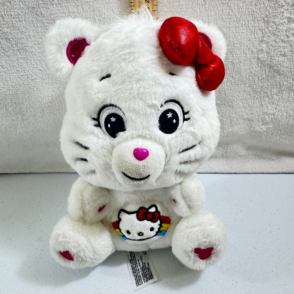 Care Bears x Hello Kitty White Plush Rainbow Belly Badge Sanrio‎ 2023 9 Inch